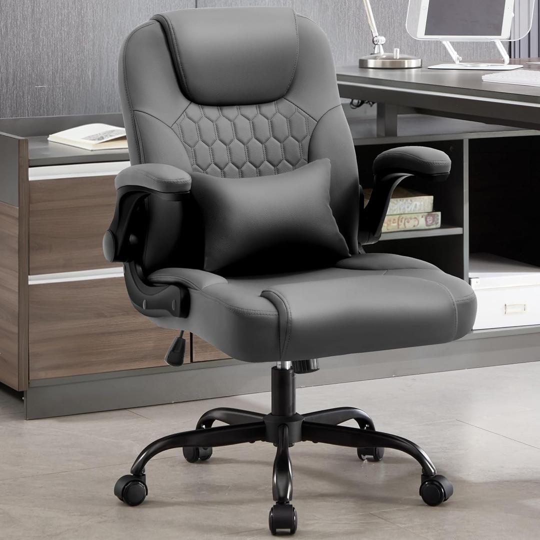 Executive Office Chair PU,Leather Office Chair with Wheels,360 Swivel Rolling Chair with Padded Arms,Ergonomic Computer Chair with Lumbar Support for Short People Use (Grey)