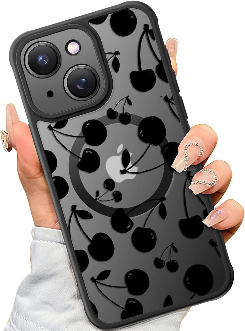 SEXYMOM Magnetic for iPhone 14 Plus Case - Wireless Charging Compatible,Military Drop Tested Cover,Cute Floral Design for Women and Girls,Slim Fit Translucent Matte Phone Case - Cherry