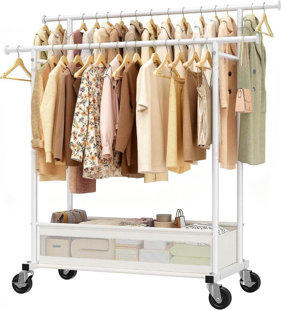 Clothes Rack 210 LBS Double Rods Extra Storage Basket | Rustproof Coated Steel, Anti-bending Design, 360 Sturdy Wheels, 10-Min Tool-Free Assembly, Metal Garment Rack for Home
