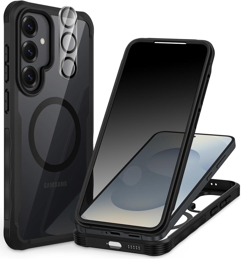 CENHUFO Magnetic Privacy for Samsung Galaxy S25 Case, Full Body Phone Case with Built-in 9H Tempered Glass Privacy Screen Protector and Camera Lens Cover, Shockproof Protective Clear Bumper -Black