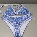 OYOANGLE Women's Plus Size 2 Piece Boho Printed Bikini Swimsuit Triangle Halter Bathing Suit High Waisted Swimwear (XX-Large Plus, Blue and White)