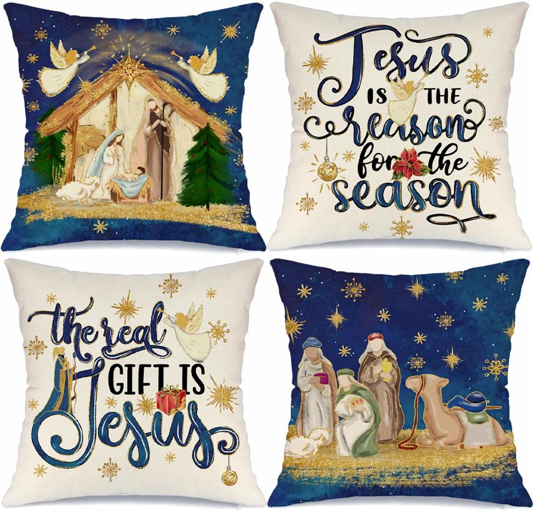 Christmas O Holy Night Jesus Throw Pillow Covers Christmas Saying Pillow Covers 18x18 Set of 4 Winter Holiday Cushion Case Decorations for Sofa Couch