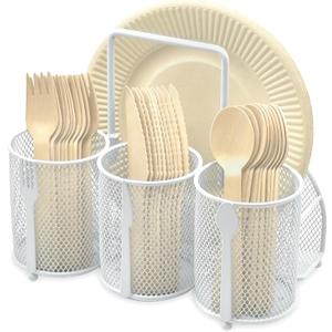 Utensil Caddy Silverware Holder - 4 Compartment Metal Mesh Cutlery Fork Spoon Napkin Plate Organizer Flatware Storage Basket Party Kitchen Countertop Buffet Picnic Camping Outdoor BBQ White