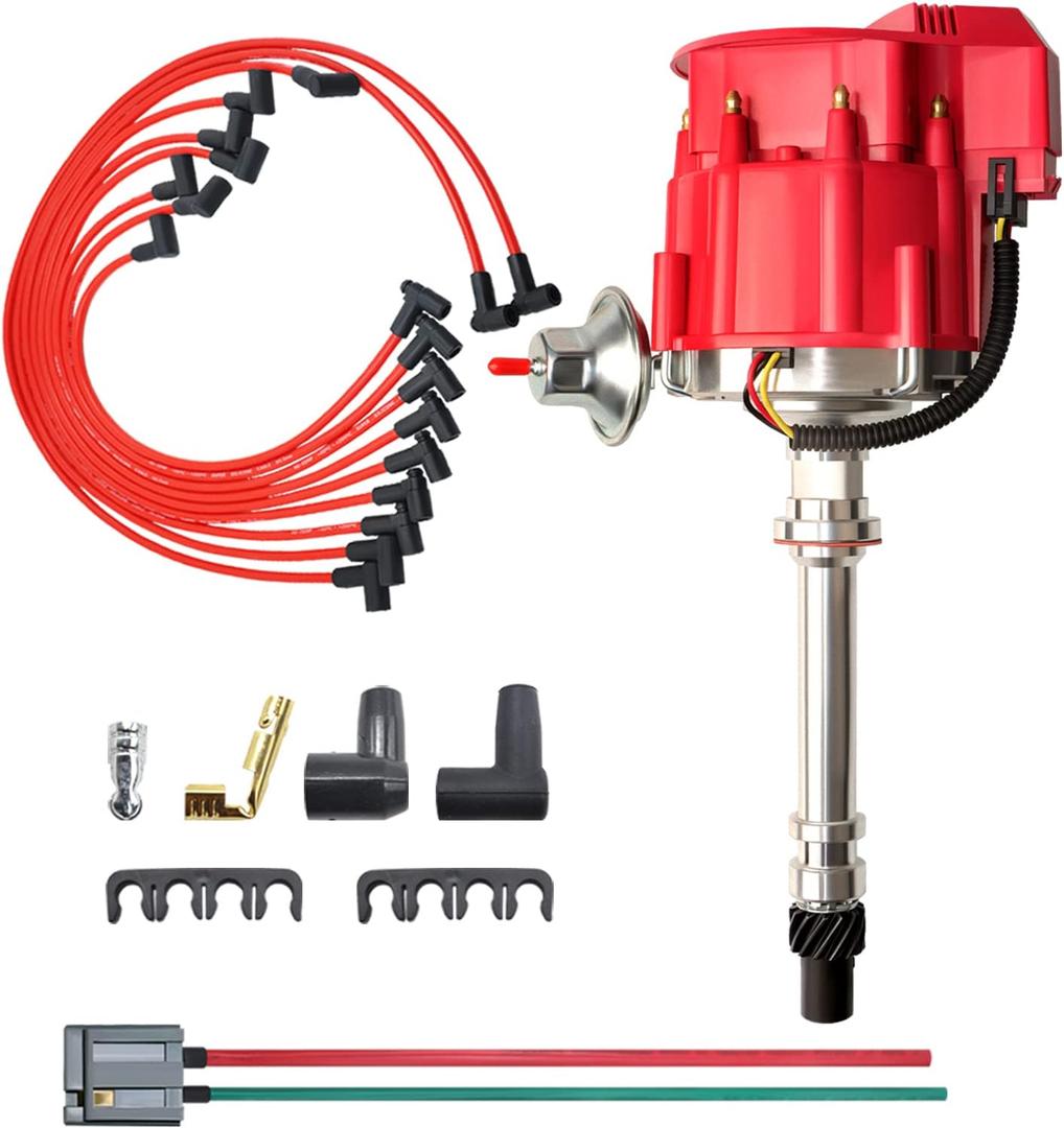 MAS Racing HEI Distributor&Spark Plug Wires & Free Pigtail Wire Harness Combo Kit Red Cap Replacement for Chevy 283 302 307 327 350 396 400 402 427 454 gm SBC BBC 65k Coil 7500RPM Chevrolet C10 GMC V8