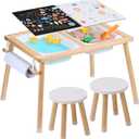VEVOR Sensory Table and Chairs Set, Toddlers Activity Table with 2 Stools, 2 Storage Bins & Paper Roll Holder, Indoor/Outdoor Play Sand and Water Table, Wooden Kids Sensory Table - Gift for Boys Girls