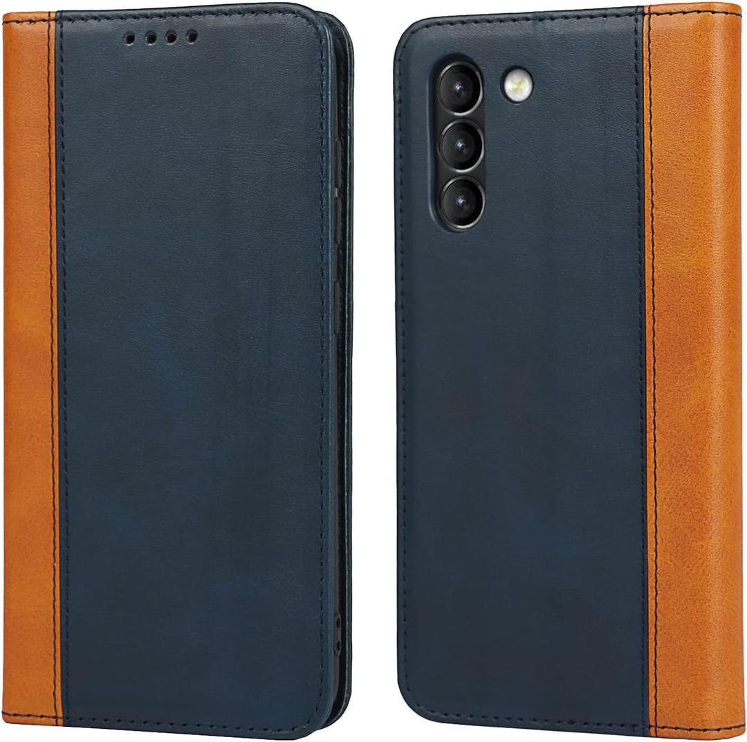 for Samsung Galaxy S21 FE 5G Fashion Wallet Case, Two-Tone Magnetic Cover with Kickstand - Blue with Yellow