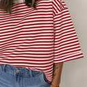 Women's Boho Blouse Red Stripe Bowknot Cutout Back Drop Shoulder Wide Bracelet Sleeve Loose Tee (XL)