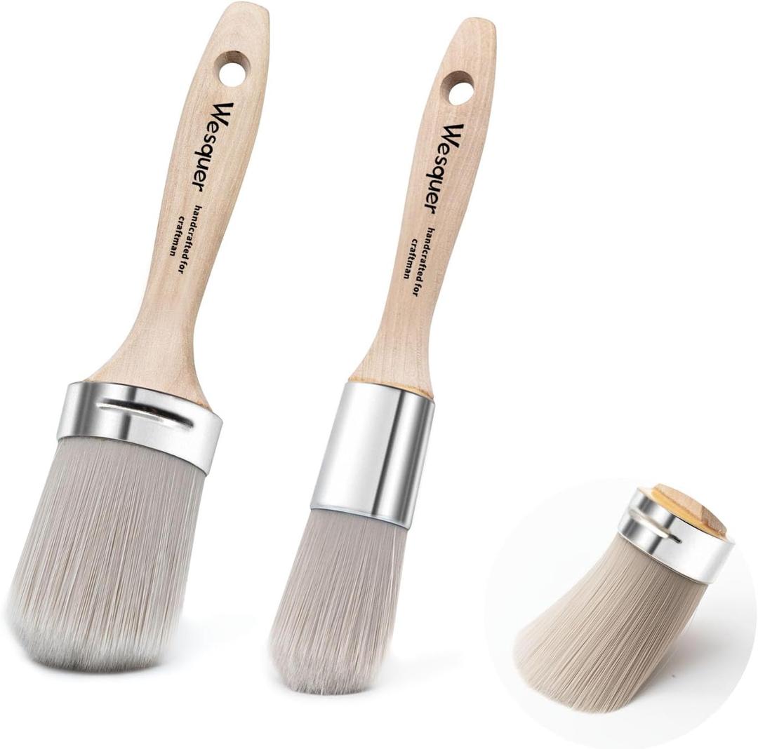 Wesquer Chalk Paint Brushes Round Paint Brush for All Water Based Paints, Chalk Paint, Milk Paint, Latex, Varnish, Perfect for Furniture Refinishing, Wood Staining, Waxing, DIY Crafts, 2Pack 2" & 1.4"