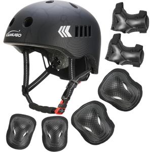 KAMUGO Kids Bike Helmet Set, Toddler Helmet for Ages 2-8 Boys Girls with Sports Protective Gear Set Knee Elbow Wrist Pads for Skateboard Cycling Scooter Rollerblading (Black)