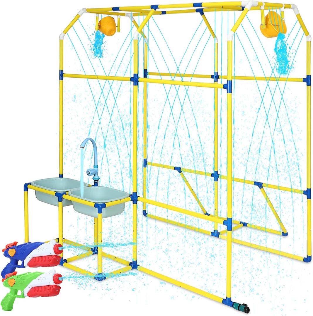 Water Park Sprinkler Toy, Backyard Splash Waterpark Game with Shooting Toys, Dump Bucket, Water Table & Faucets, Sprinkler for Kids Outdoor Summer Water Activities Fun Play (Yellow)