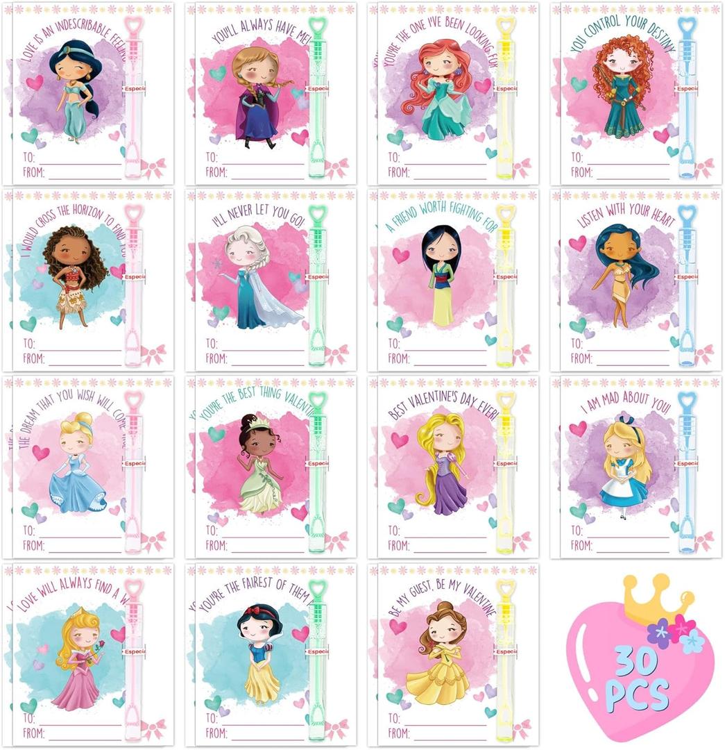 Valentines Day Cards for Kids School - 30 Pcs Princess Valentines Cards with Valentine's Bubbles, Quite Valentine Gifts for Girls, Valentines Day Bubbles Party Favors Toys for Girls Classroom Exchange