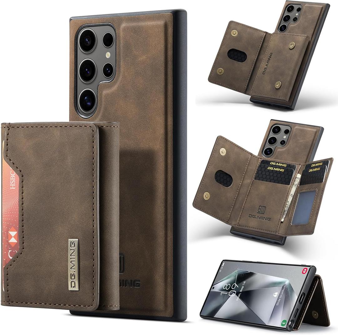 2 in 1 Wallet Case for Samsung Galaxy S24 Ultra - DG.MING Retro Leather Magnetic Shockproof Back Cover with Detachable Trifold Wallet, 8-Card Slots, Kickstand (Coffee)
