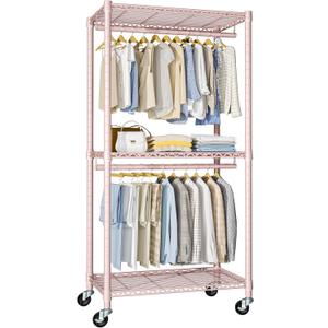 P1 Medium Heavy-Duty Portable Closet, 30" W x 14" D x 76" H, Metal Rolling Clothing Rack, Pink