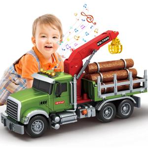 Mostop Logging Truck Kids Toy for 3 4 5 6 7 8 Year Old Boys, 15 Farm Logging Truck with Crane and 6 Trunks, Lights, Sounds, Friction Powered Timber Transport Log Tow Truck Toy Birthday Gift