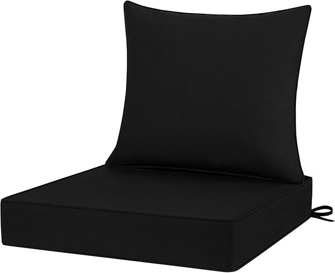 Favoyard Outdoor Seat Cushion Set 24 x 24 Inch Waterproof & Fade Resistant Patio Furniture Cushions with Removable Cover Deep Seat & Back Cushion with Handle and Adjustable Straps for Chair Sofa Couch (Black)