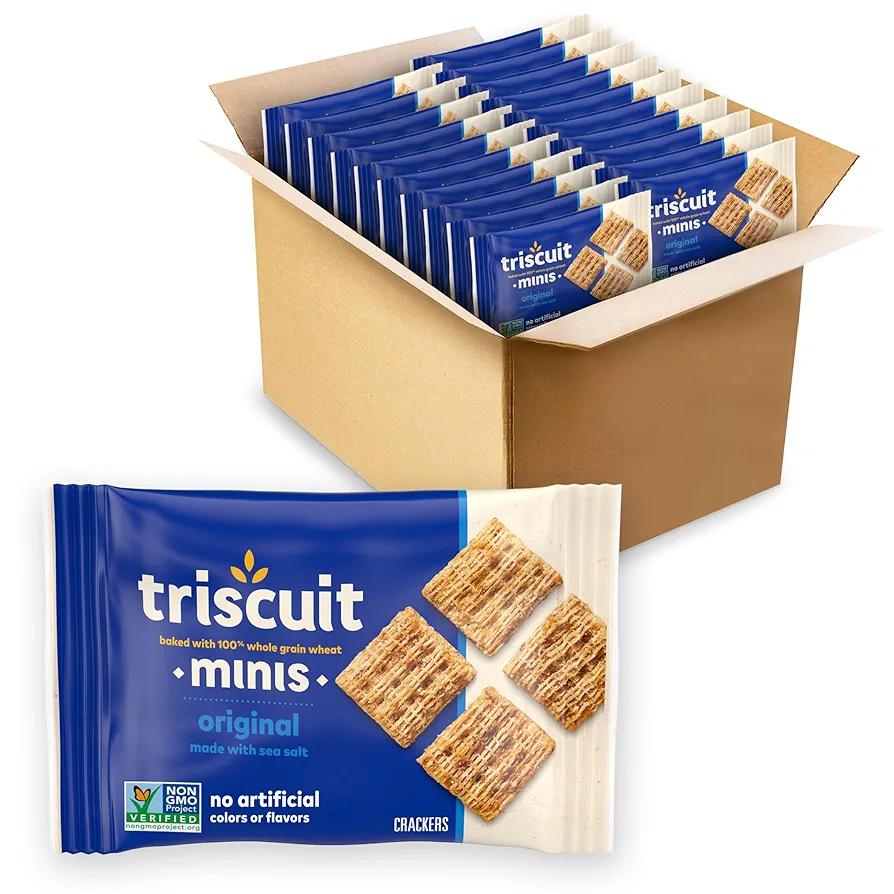 Triscuit Minis Original Whole Grain Wheat Crackers, Vegan Crackers, Bulk Lunch Snacks, 20 Snack Packs Best By 08/Sep/2026