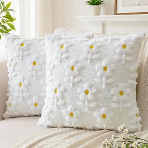 Artscope Spring Summer Pillow Covers 20x20 Set of 2 Decorative Flower Throw Pillow Cases Soft Plush Faux Fur Couch Cushion Case for Holiday Farmhouse Sofa Bed Room Home Decor-White