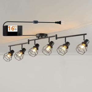 Dimmable Black 6 Light Plug in Ceiling Light,Plug in Track Lighting,16.5' Long Cord with On/Off Dimming Switch,Modern Track Lighting Fixture for Livingroom Bedroom Kitchen