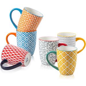 Ceramic Coffee Mugs Set - 16 Oz Large Porcelain Tea Cups with Handle for Women Men Cocoa Latte Cappuccino - Christmas Housewarming Gift - Microwave Dishwasher Safe - Set of 6 - Assorted Colors
