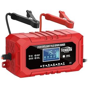 YONHAN 15A Battery Charger, 12V/24V LiFePO4 & Lead Acid Car Battery Charger, 9Stage Trickle Charger with Temp Compensation, Automotive Battery Maintainer for Car Truck Motorcycle Lawn Mower Boat(Red)