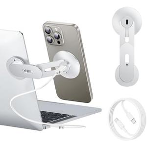 MAGDIGITEH Laptop Phone Holder, Magnetic Phone Stand 15W Fast Wireless Charger for MagSafe for iPhone 17/16/15/14/13/12 & All Phones for Tesla (Silver)