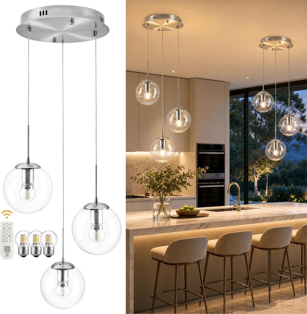 KoKo&Yukina 3-Light Brushed Nickel Globe Glass Pendant Light Modern Clear Globe Glass Chandelier Adjustable Length Pendant Lights Fixtures High Ceiling Light for Kitchen Island (Bulb & Remote Incl.), Globe, 3-Light, D11.8"