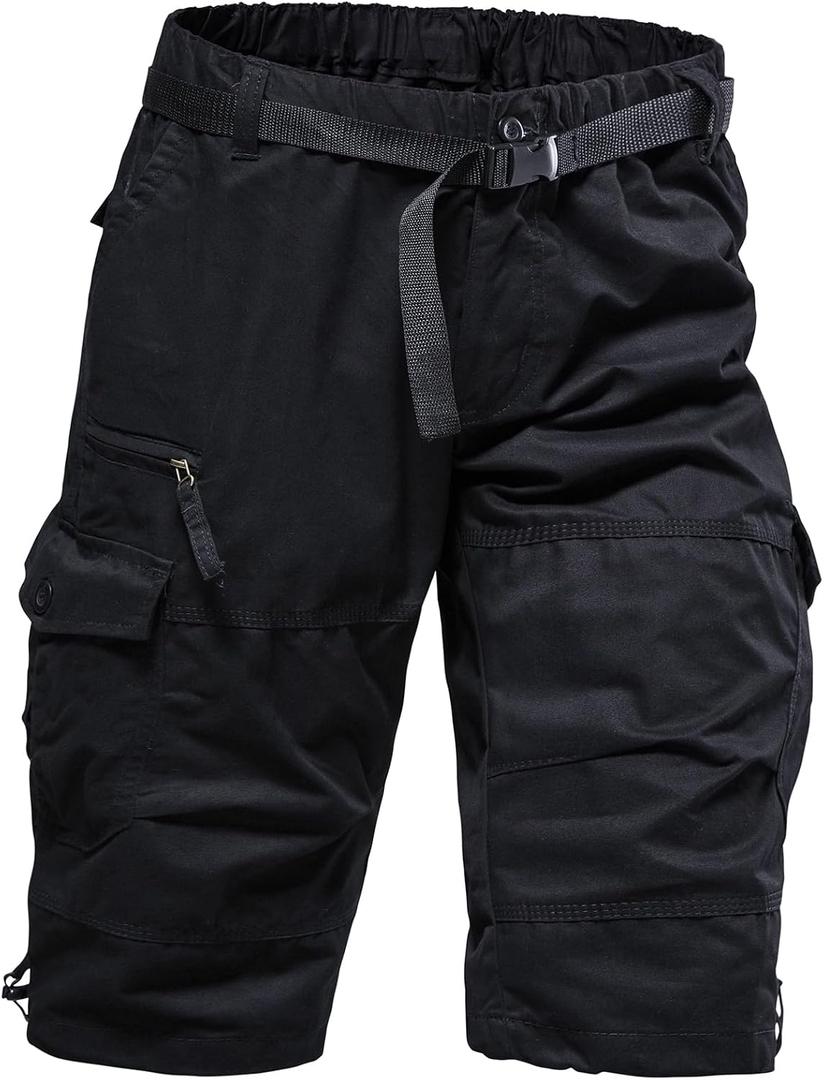 Mylldey Men's Cargo Shorts 3/4 Relaxed Fit Mens Running Shorts 7 Pockets Elastic Waist Cotton Hiking Shorts (Black, L)