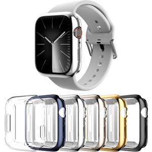 Rc-Z Case for Apple Watch Series 9/8/7 45mm, [6-Pack] Soft TPU Screen Protector Ultra-Thin Full Face Cover Replacement Bumper Accessories for iPhone Watch iWatch Series 9/8/7 45mm (Black/Navy Blue/Silver/Starlight/Gold/Clear)