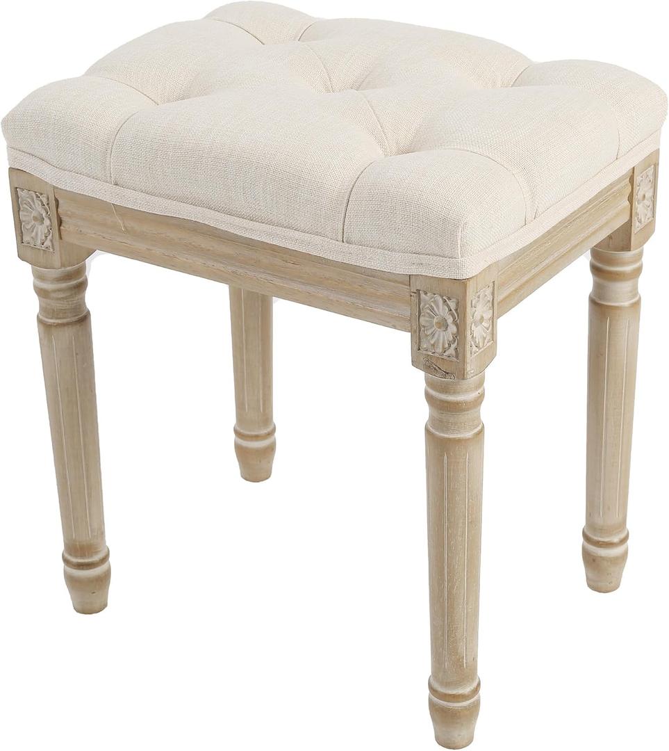 Yusong Vanity Stool Upholstered Bench Seat for Makeup Room, Vintage Small Bedroom Bench Dining Bench with Tufted Fabric for Living Room, Piano Stool with Rustic Wood, Easy Assemble,Beige, 17''*13''*18.6''