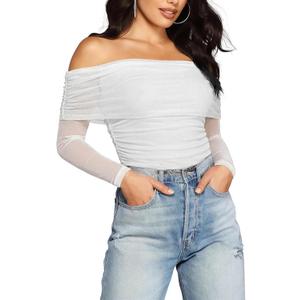 SAUNGKUAI Women's Off The Shoulder Long Sleeve Bodysuit Sexy Slimming Body Suit Tops Sheer Mesh Ruched Fall Outfits 2026 (White)
