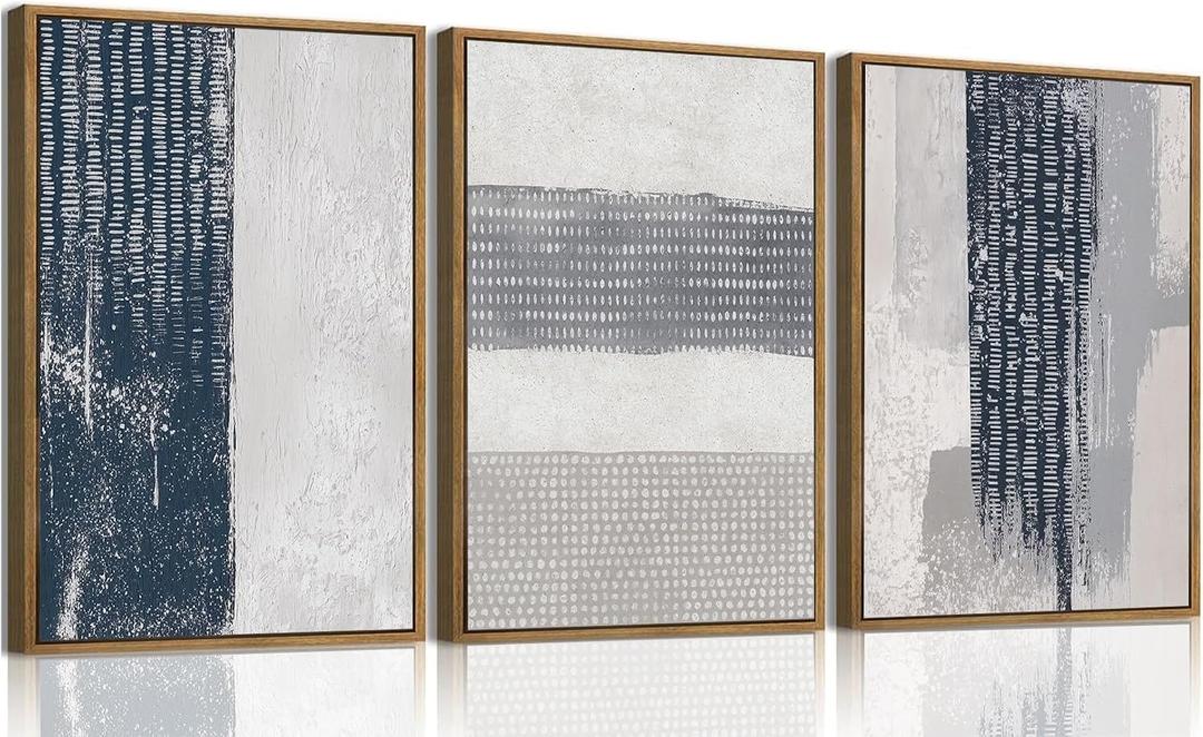 KISSFOX 3 Piece Framed Wall Art Abstract Wall Decor Navy Blue Texture Pictures Modern Minimalist Canvas Art Large Luxury Paintings Artwork for Living Room Bedroom Office