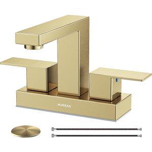 Bathroom Sink Faucet, Hurran 4 inch Brushed Gold Bathroom Faucets for Sink 3 Hole with Pop-up Drain and Supply Lines, Stainless Steel 2-Handle Faucet for Vanity RV Restroom