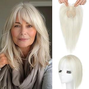 SEIKEA Hair Toppers for Women Real Human Hair, 10" Clip in Bangs Hand-tied Base 1.4 * 2.2inch Natural Realistic with Thinning Hair with Wispy Bangs Silver White