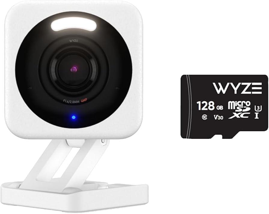 Bundle of WYZE Cam v4 with Wyze Expandable MicroSDXC Card Class 10,Storage 128GB, 2.5K QHD WiFi Indoor/Outdoor Smart Home Security Camera, Color Night Vision,