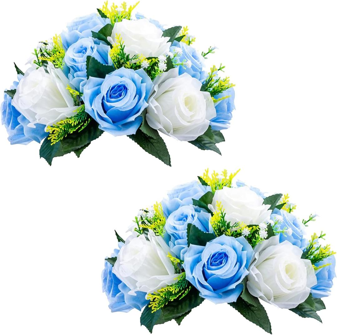 NUPTIO Flower Centerpieces for Wedding Tables: Blue & White Artificial Flower Ball Arrangement for Weddings Party - 2 Pcs Fake Floral Rose for Birthday Bridal Shower Decorations