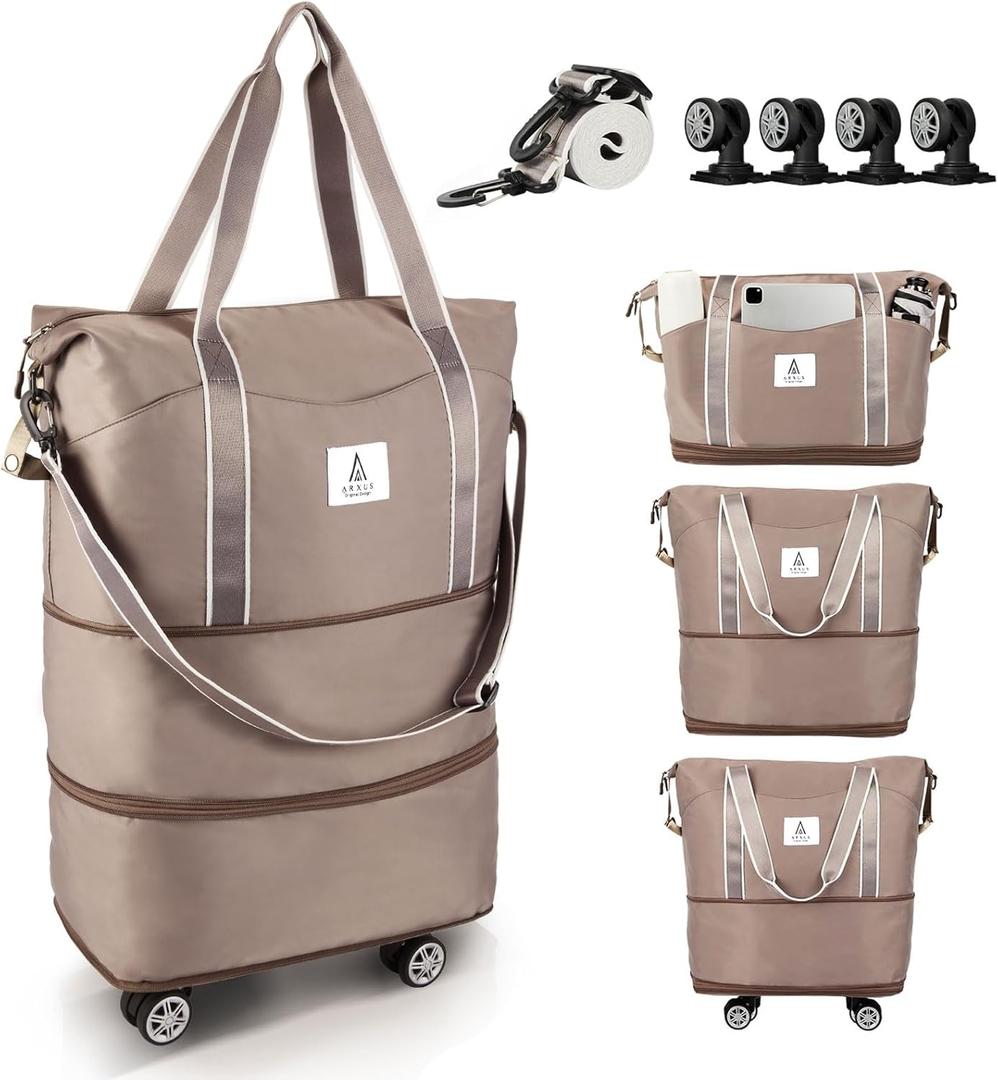 Rolling Duffle Bag with Detachable Wheels and Adjustable Shoulder Strap, Large Expandable Foldable Carry On Luggage Bag with Handle and Suitcase Sleeve, Weekend Travel Airplane 25L-55L (Brown)