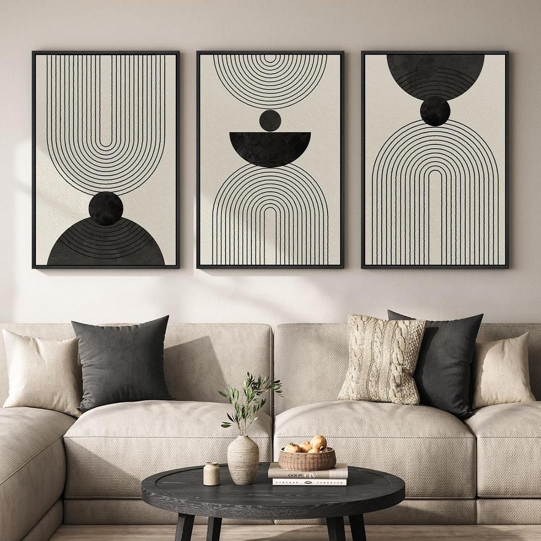 Large Framed Boho Abstract Wall Art for Living Room, 3 Piece Black and White Modern Minimalist Canvas Artwork for Walls, Bauhaus Geometric Prints Wall Decor for Bedroom Home Office Hallway, 24x36 Inch, 24" W x 36" H x 3Pcs