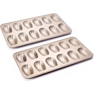 HONGBAKE Nonstick Madeleine Pan 2 Pack 12-Cavity Heavy Duty Madeleine Cookies Trays for Oven Baking, Warp Resistant Shell Shape Madeleine Mold Cake Pan, Champagne Gold