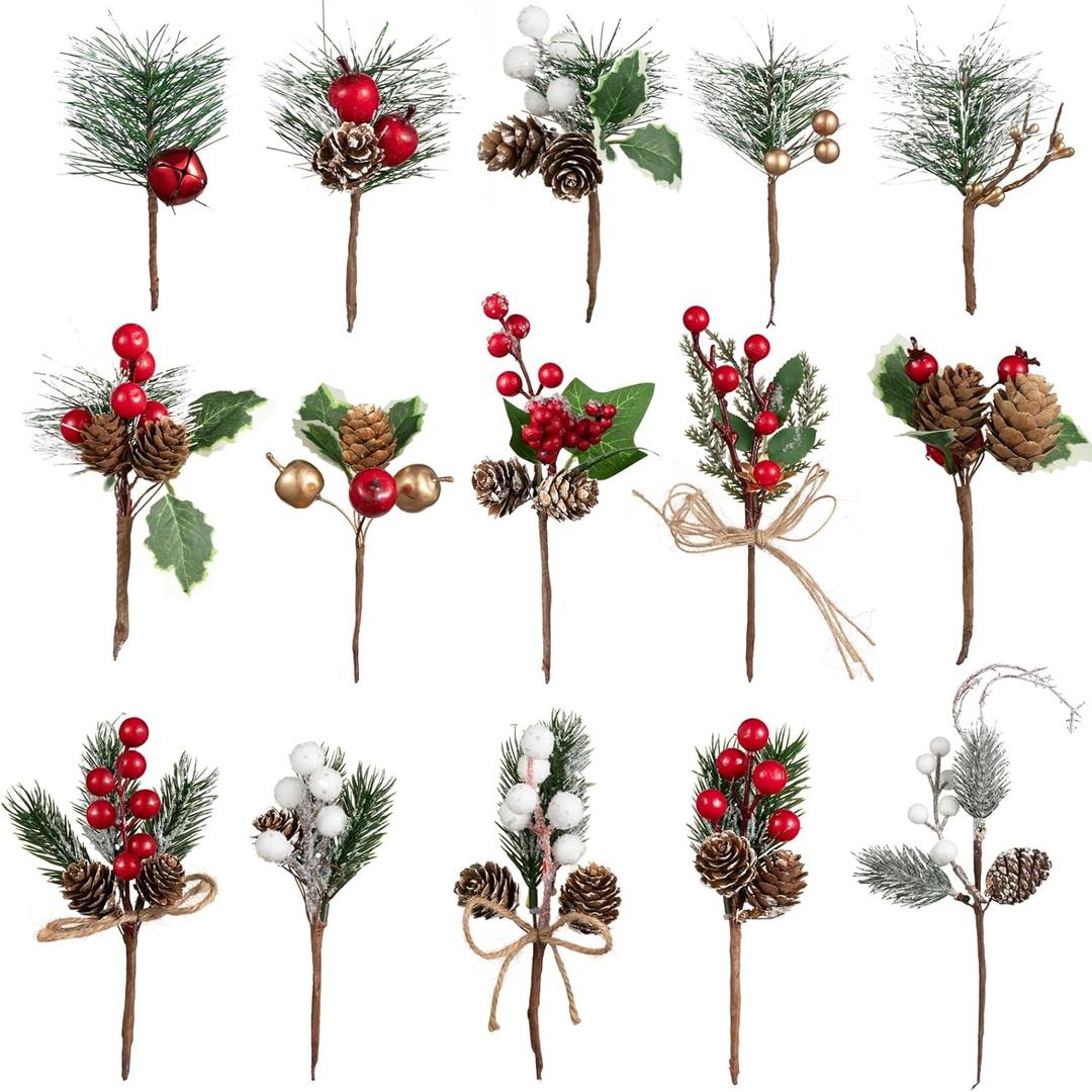 Crafare 15 Pack Small Christmas Picks Assorted Size Red Berry Picks Stems with Pinecones for Christmas Holiday Floral Arrangement Winter Holiday Season Decoration (5in-9in berry stem picks)