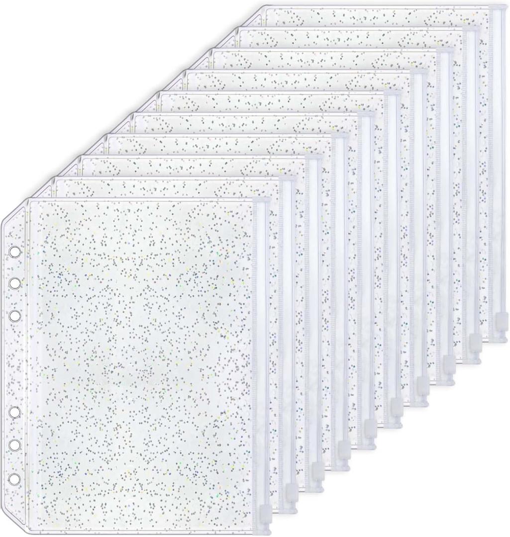 10pcs A5 Cash Stuffing Envelopes Zipper Binder Pockets Clear Glitter PVC 6 Hole Zip Sleeves Loose Leaf Pouches for 6 Ring Binder Planner (A5 5.91" x 8.19")