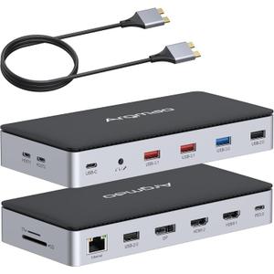 14 in 2 USB C Laptop Docking Station for MacBook Pro Air with Triple Different Display, Dual Monitor 4K@60Hz Multiport Type C Adapter, 2 HDMI & DP, USB C/A Port, PD, Ethernet, SD/TF, Audio/Mic (Grey)