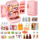 Mini Refrigerator Toy, Fill The Fridge with Ice Cream, Juice & 40+ Mini Food Toys for Dollhouse Accessories & Kitchen Playset. Realistic Refrigerator Play Gift for Kids. (Pink-42pcs)