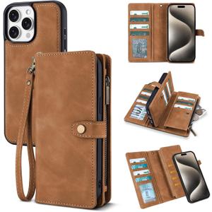 TwoHead Wallet Case Compatible with iPhone 15 Pro Max,Detachable Magnetic Phone Case,All-Round Shockproof Protective Leather Phone Case with Card Holder,6.7 in,Brown