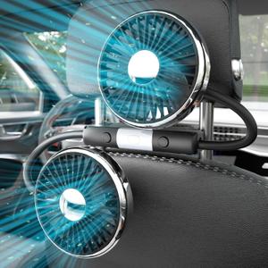 Dual-Head USB Car Fan for Backseat, 360 Rotatable Quiet Cooling with LED Light, 3 Speeds USB-Powered Headrest Accessory for Kids & Passengers
