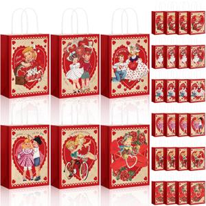 Trandraft 24 Pcs Vintage Valentine's Day Gift Bags with Handle Retro Valentines Love Heart Kraft Paper Goodie Bags for Valentines Treats Goody Holiday Party Supplies Favors (Characters)