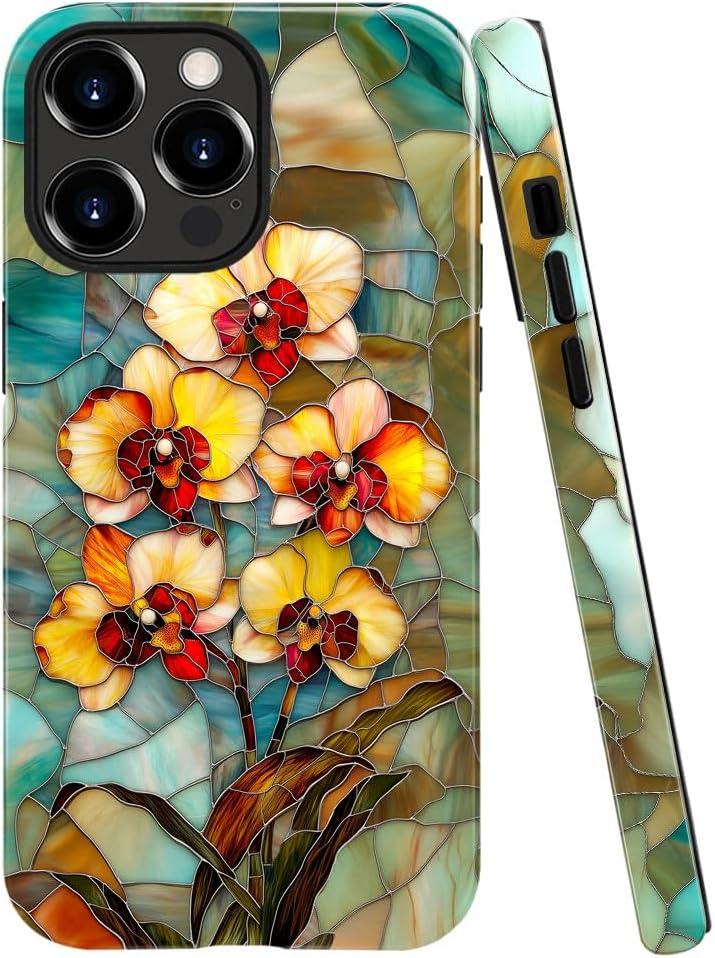 DAIZAG Case Compatible with iPhone 15 Pro Max,Glossy Durable Shock Protection Cover for Girl Women,Orchid Flower Stained Glass
