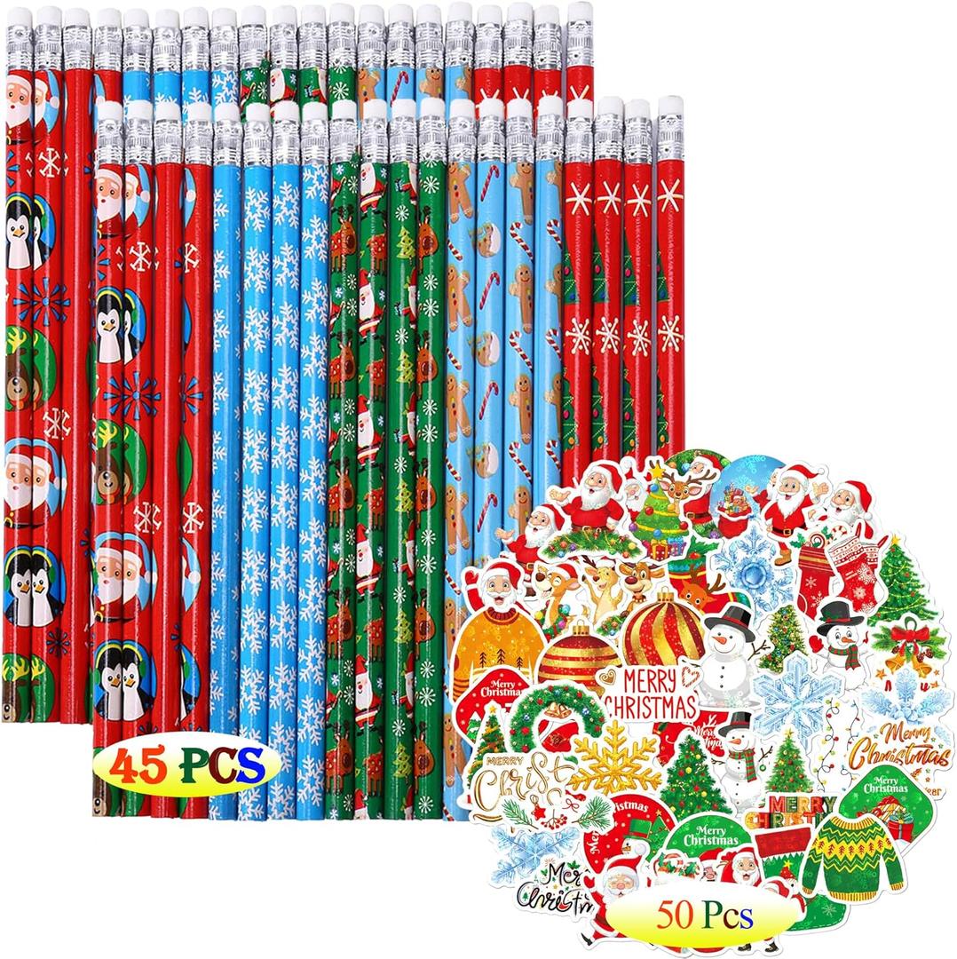 Merry Christmas Pencils for Kids Party Supplies Favors - 45PCS Pencils+50PCS Sticker Multicolored Snowman Santa Claus Christmas Tree Elk Stationery Pencil Office School Party Favors Decorations