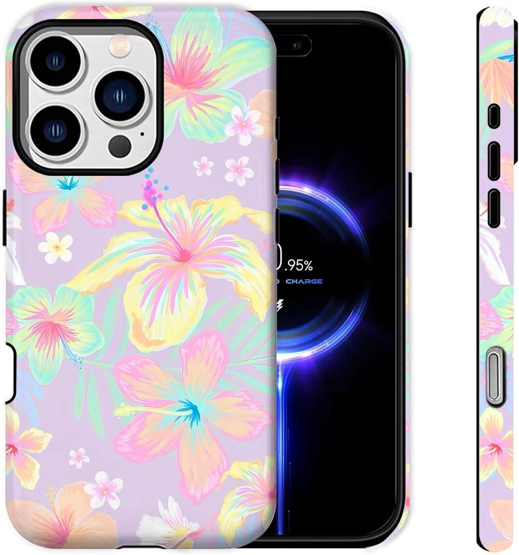 for iPhone 16 Pro Case [Compatible with MagSafe] 2-Layer Hard Shell Glossy Rugge Shockproof Protection Phone Case, Cute Floral Flower Hibiscus Purple