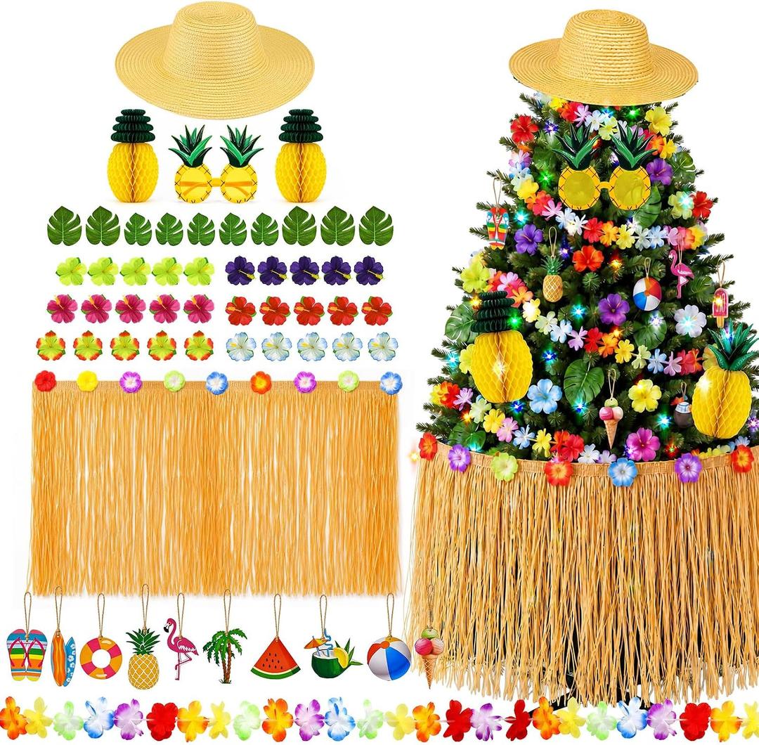 57 Pcs Summer Christmas Tree Ornaments Decorations Floral Banner Hawaiian Tassel Grass Skirt Wooden Ornaments Decorations Tropical Party Decor Sunglass Hat Tree Topper for Hawaiian Party Supplies