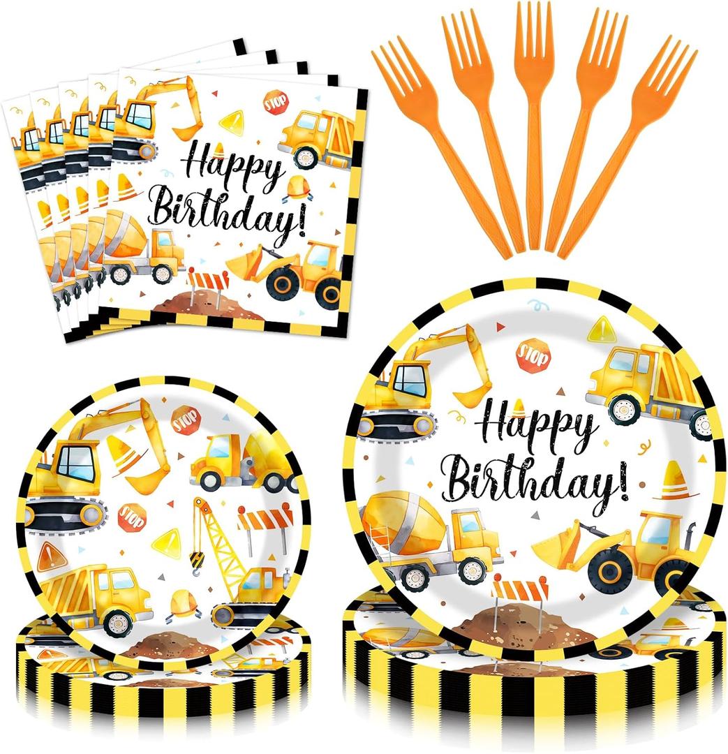 100 Pieces Construction Truck Tableware Set Party Supplies Happy Birthday Yellow Digger Pattern Disposable Plates, Napkins, and Forks Dinnerware for Boys Birthday Construction Theme Celebrations